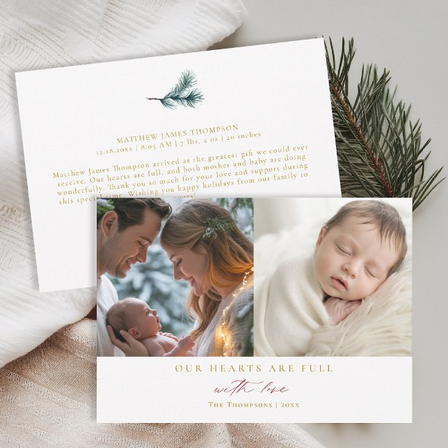 Christmas Hearts Minimal Red Family Baby 2 Photos Holiday Card (christmas family card baby announcement with love calligraphy simple elegant 2 photos red gold)