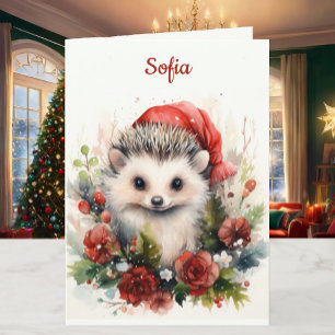 Christmas Hedgehog Personalise Name & Greeting Holiday Card