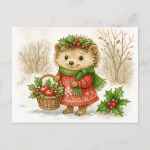 Christmas Hedgehog Watercolor Postcard