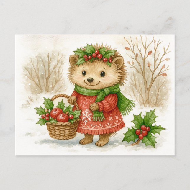Christmas Hedgehog Watercolor Postcard (Front)