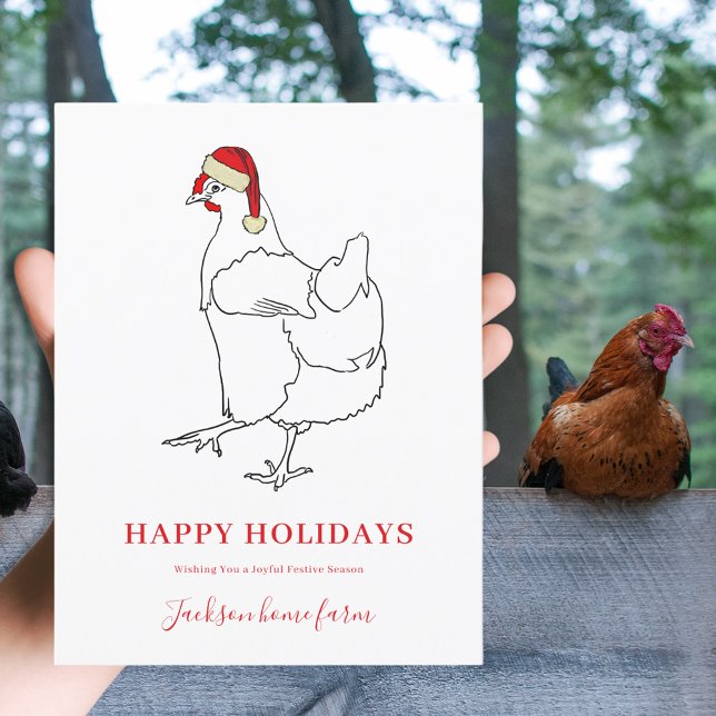 Christmas Hen Farm Business Budget Holiday Postcard (Christmas hen wearing Santa hat simple line art drawing custom farm business holiday greetings card)