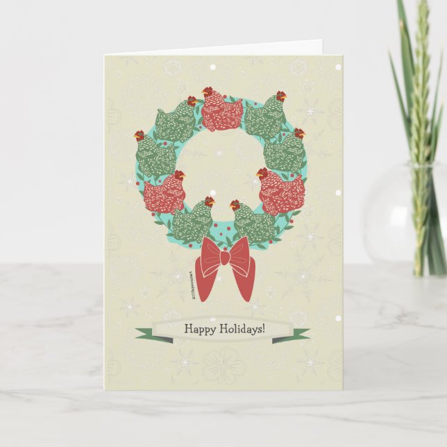 Christmas hens perched on wreath + snowflakes v2 holiday card (Front)