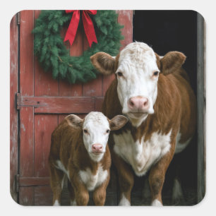 Christmas Hereford Cow and Calf Square Sticker