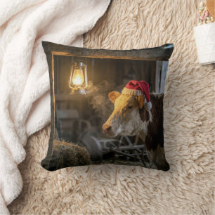 Christmas Hereford Cow in a Barn Cushion