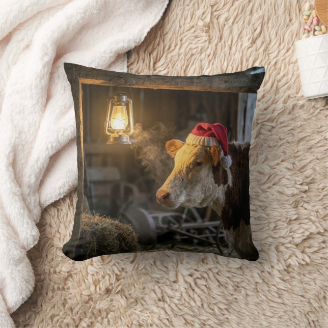 Christmas Hereford Cow in a Barn Cushion (Blanket)