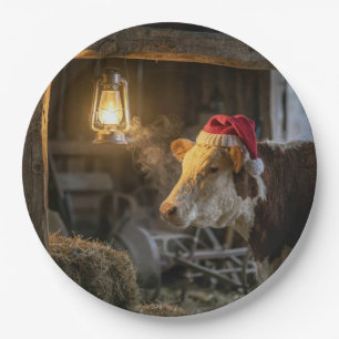Christmas Hereford Cow in a Barn Paper Plate