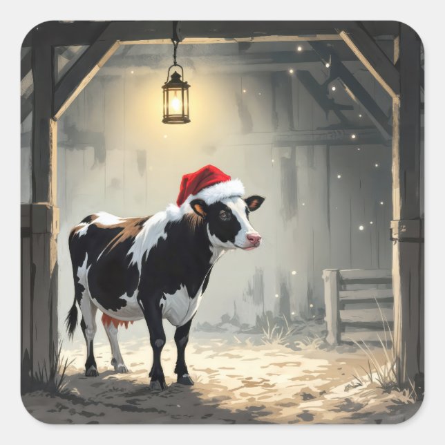 Christmas Hereford Cow In Barn Doorway Square Sticker (Front)