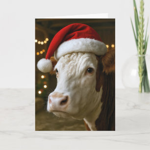Christmas Hereford Cow Wearing a Santa Hat Card