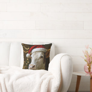 Christmas Hereford Cow Wearing a Santa Hat Cushion