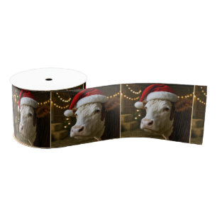 Christmas Hereford Cow Wearing a Santa Hat Grosgrain Ribbon