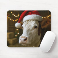 Christmas Hereford Cow Wearing a Santa Hat