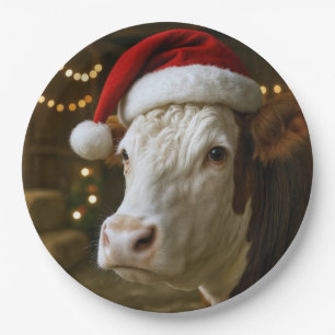 Christmas Hereford Cow Wearing a Santa Hat Paper Plate