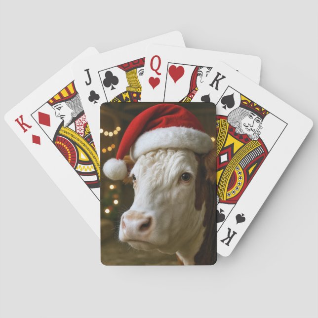 Christmas Hereford Cow Wearing a Santa Hat Playing Cards (Back)