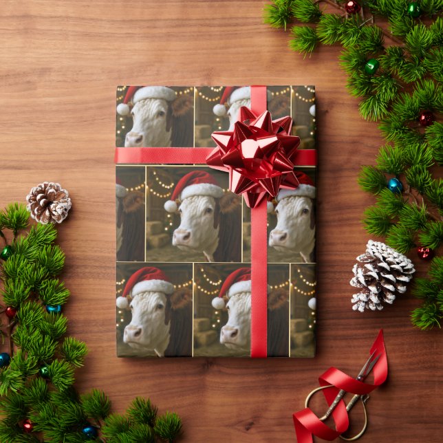 Christmas Hereford Cow Wearing a Santa Hat Wrapping Paper (Holiday Gift)