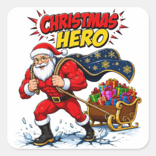 Christmas Hero Comic Santa Claus Square Sticker