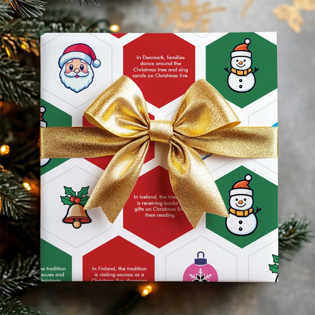 Christmas Hexagon Santa Tree Snowman Ornament Icon Wrapping Paper (Christmas Hexagon Santa Tree Snowman Ornament Icon Wrapping Paper)
