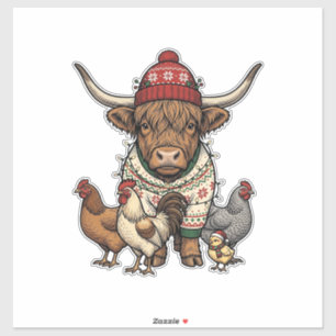 Christmas Highland Cow and Chickens Vintage Engrav