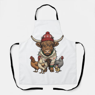 Christmas Highland Cow and Chickens Vintage Engrav Apron
