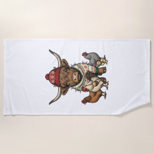 Christmas Highland Cow and Chickens Vintage Engrav Beach Towel