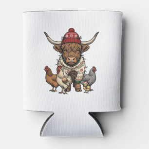 Christmas Highland Cow and Chickens Vintage Engrav Can Cooler
