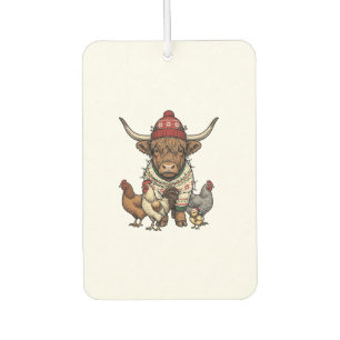 Christmas Highland Cow and Chickens Vintage Engrav Car Air Freshener