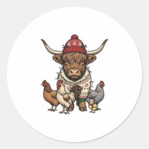 Christmas Highland Cow and Chickens Vintage Engrav Classic Round Sticker