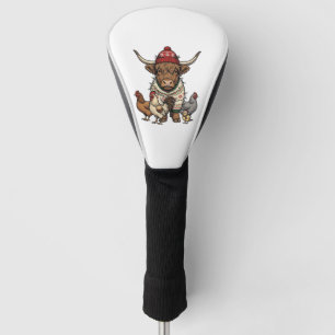 Christmas Highland Cow and Chickens Vintage Engrav Golf Head Cover