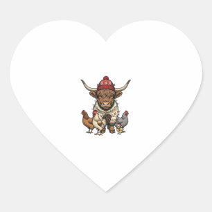 Christmas Highland Cow and Chickens Vintage Engrav Heart Sticker