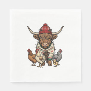 Christmas Highland Cow and Chickens Vintage Engrav Napkin
