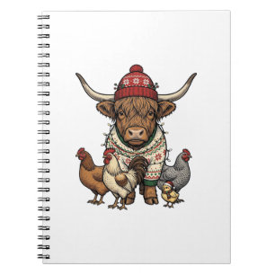Christmas Highland Cow and Chickens Vintage Engrav Notebook