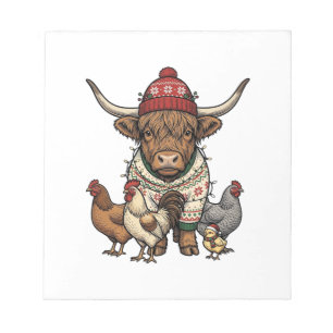 Christmas Highland Cow and Chickens Vintage Engrav Notepad