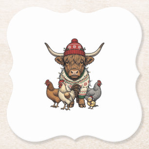 Christmas Highland Cow and Chickens Vintage Engrav Paper Coaster