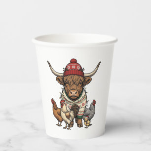 Christmas Highland Cow and Chickens Vintage Engrav Paper Cups