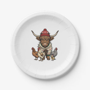 Christmas Highland Cow and Chickens Vintage Engrav Paper Plate