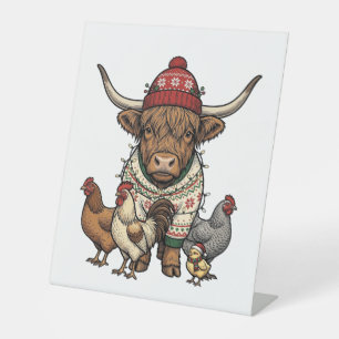 Christmas Highland Cow and Chickens Vintage Engrav Pedestal Sign