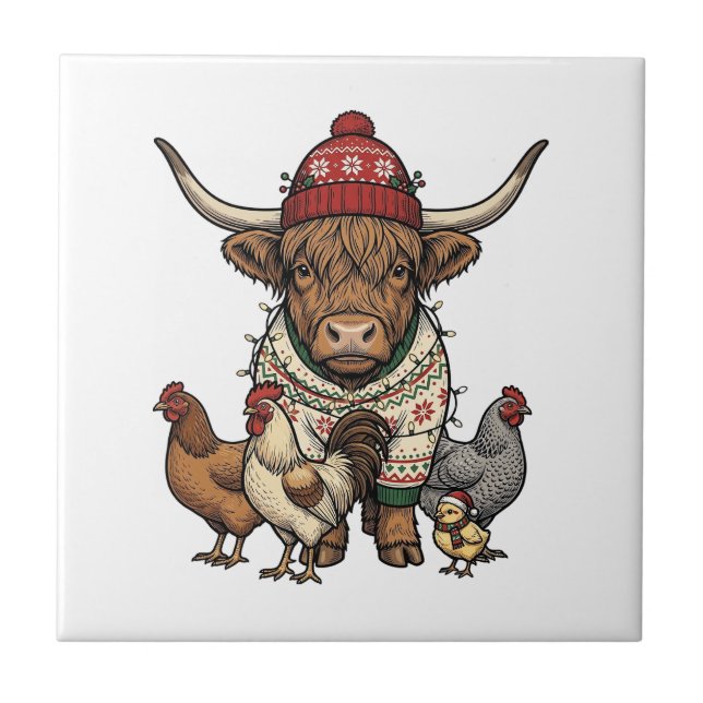 Christmas Highland Cow and Chickens Vintage Engrav Tile (Front)
