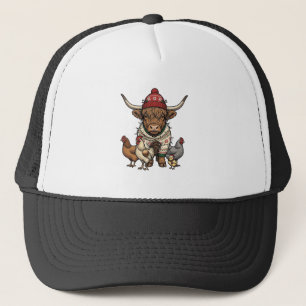 Christmas Highland Cow and Chickens Vintage Engrav Trucker Hat