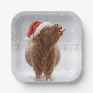 Christmas Highland Cow Catching Snowflakes Paper Plate