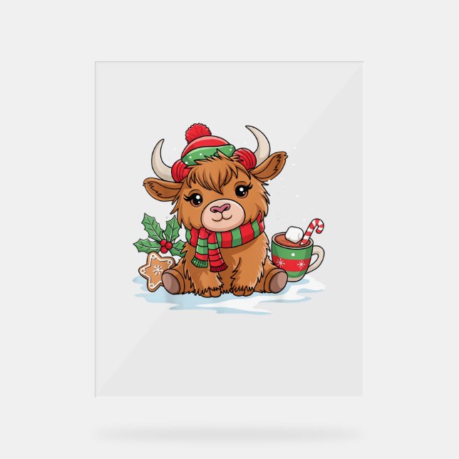 Christmas Highland Cow Cute Heifer Cow Santa Hat M Acrylic Sign (Front)