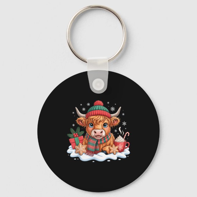 Christmas Highland Cow Cute Heifer Cow Santa Hat M Key Ring (Front)