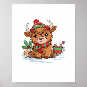 Christmas Highland Cow Cute Heifer Cow Santa Hat M Poster