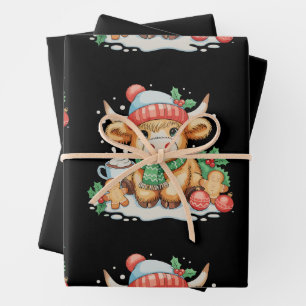 Christmas Highland Cow Cute Heifer Mooey Santa Hat Wrapping Paper Sheet