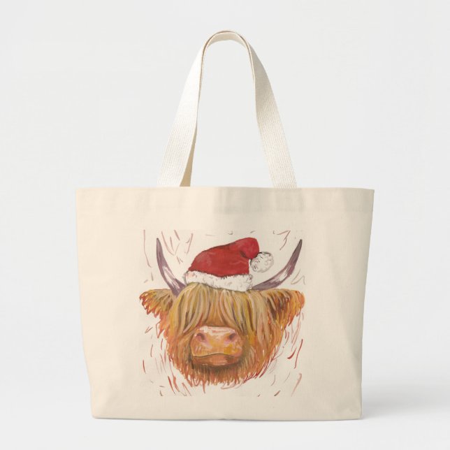 christmas highland cow hat shopper large tote bag (Front)