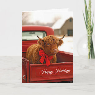 Christmas Highland Cow In Old Red Pickup Truck Card