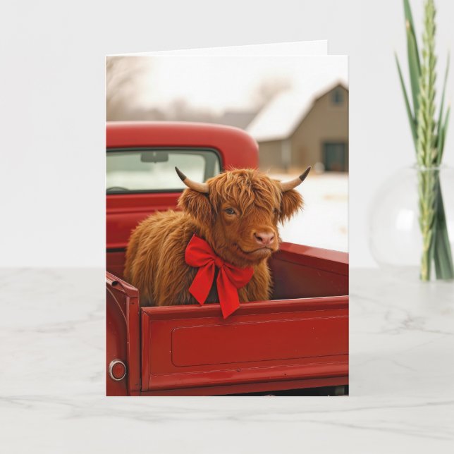 Christmas Highland Cow In Old Red Pickup Truck Card (Front)