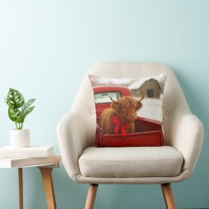 Christmas Highland Cow In Old Red Truck Cushion