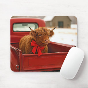 Christmas Highland Cow In Old Red Truck Mouse Pad