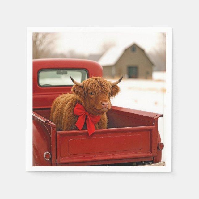 Christmas Highland Cow In Old Red Truck Napkin (Front)
