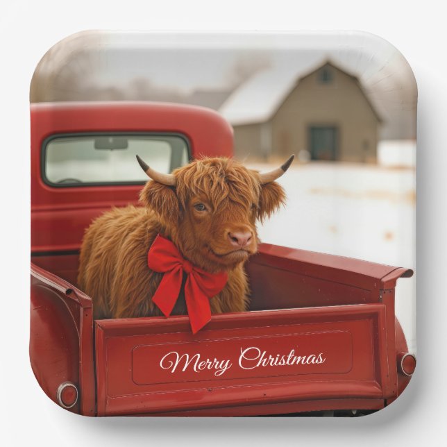 Christmas Highland Cow In Old Red Truck Paper Plate (Front)