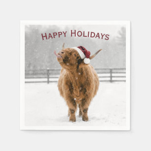 Christmas Highland Cow Licking Snowflakes Napkin